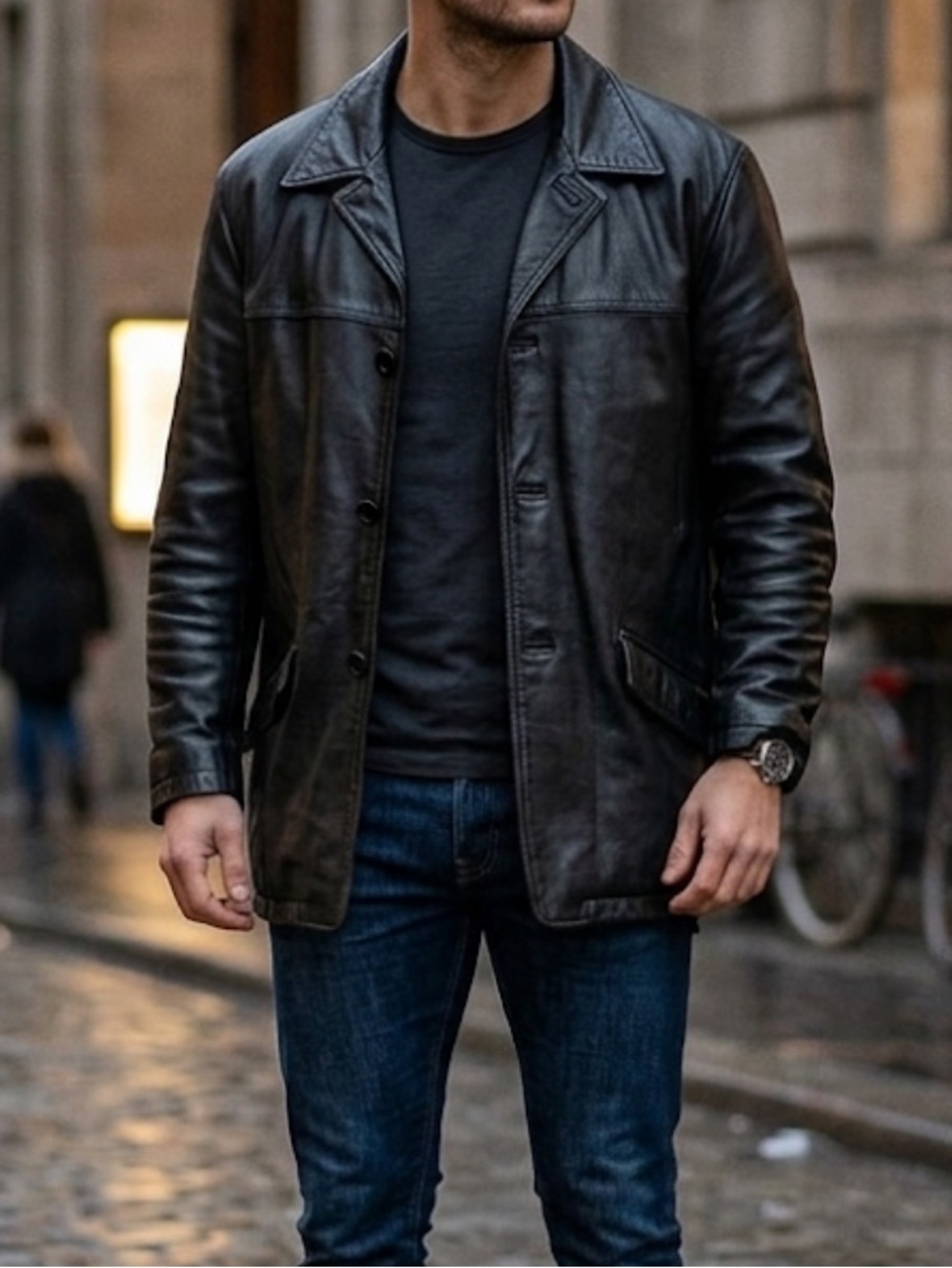 Kenneth Cole Reaction Black Leather Pea Coat